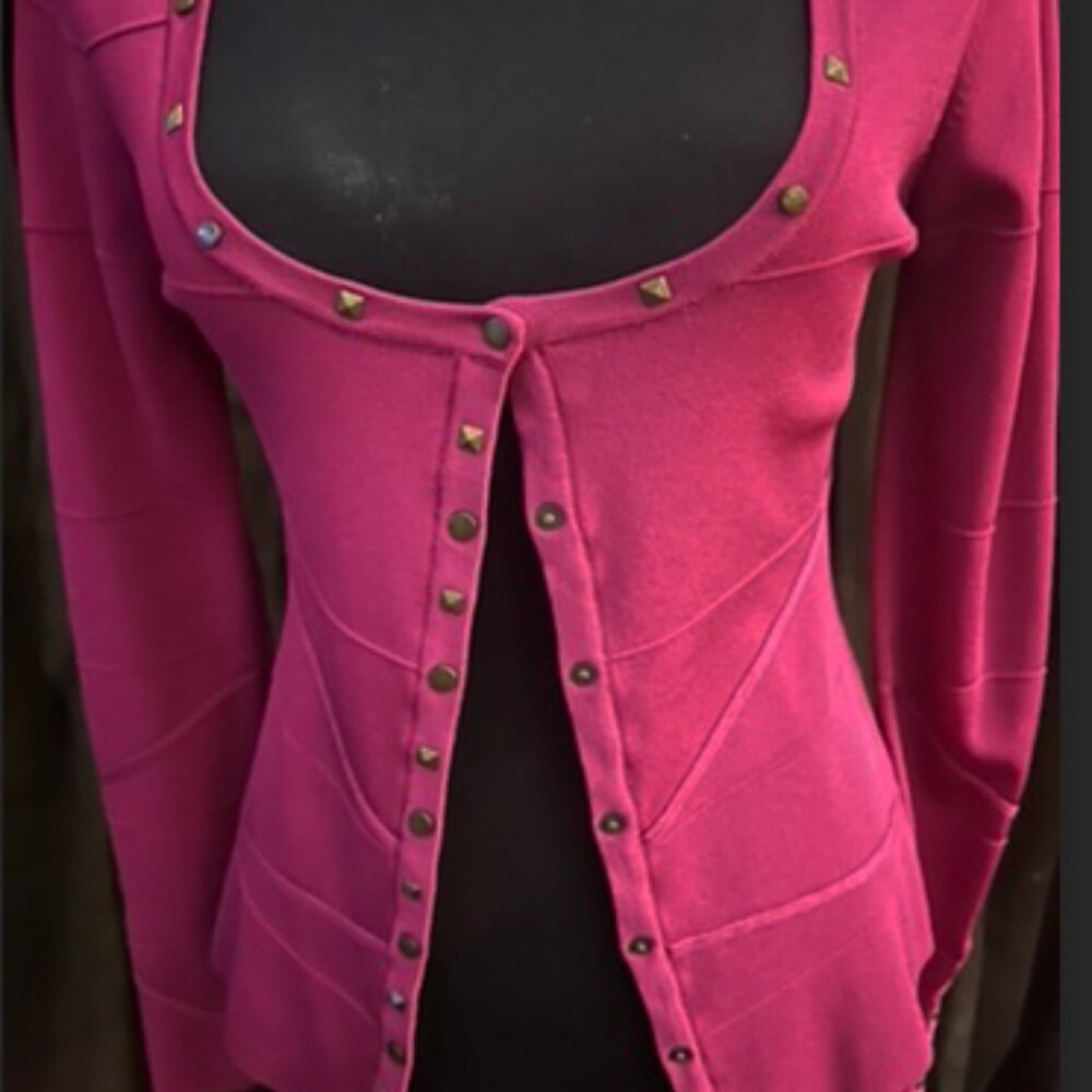 KAREN MILLEN Cardigan Sweater / Stud Embellishments / Snap Front / Fuschia